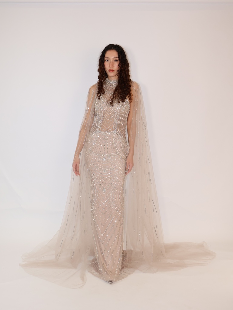_Halter Neck Beaded Dress With Cape Sleeve