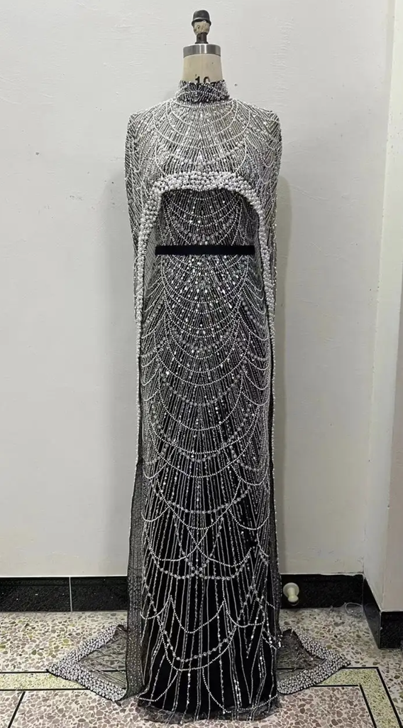 _Beaded Dress With High Neck Cape in Black