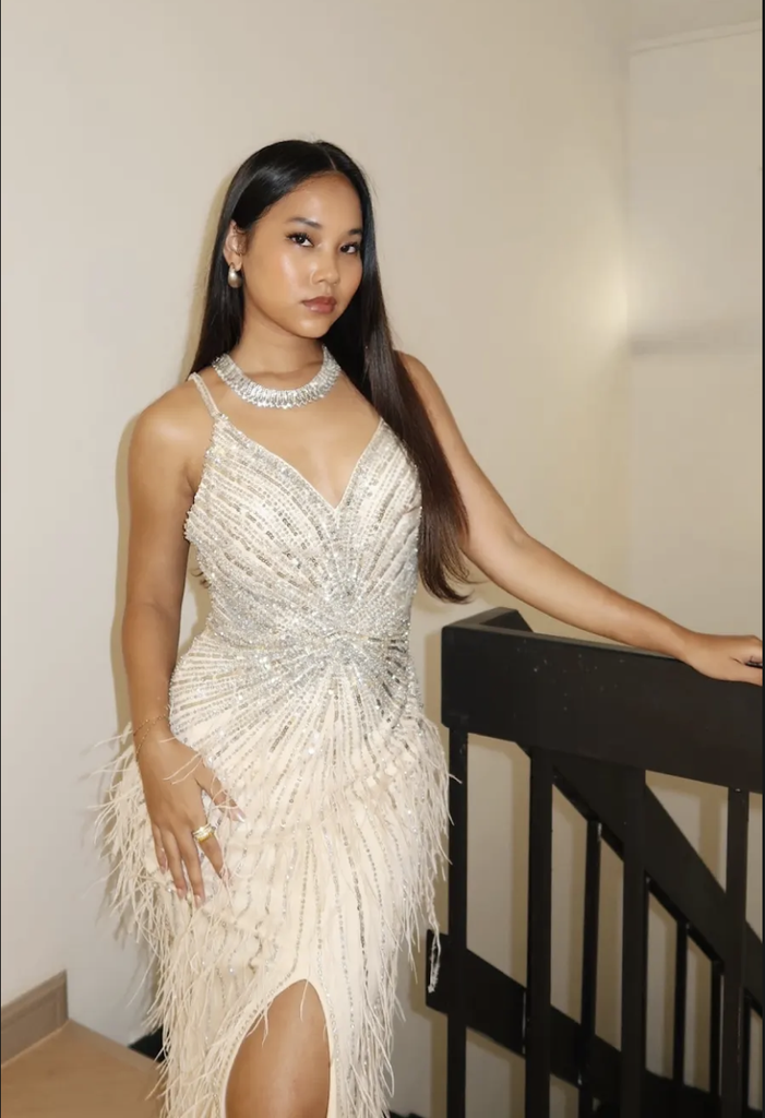 _Beaded V Neck Feather Dress in Nude