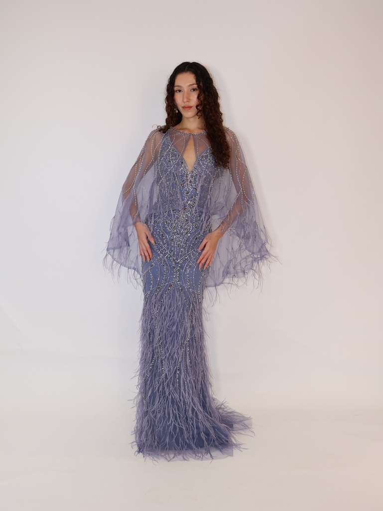 _Beaded V Neck Fishtail Dress With Detachable Cape in Purple