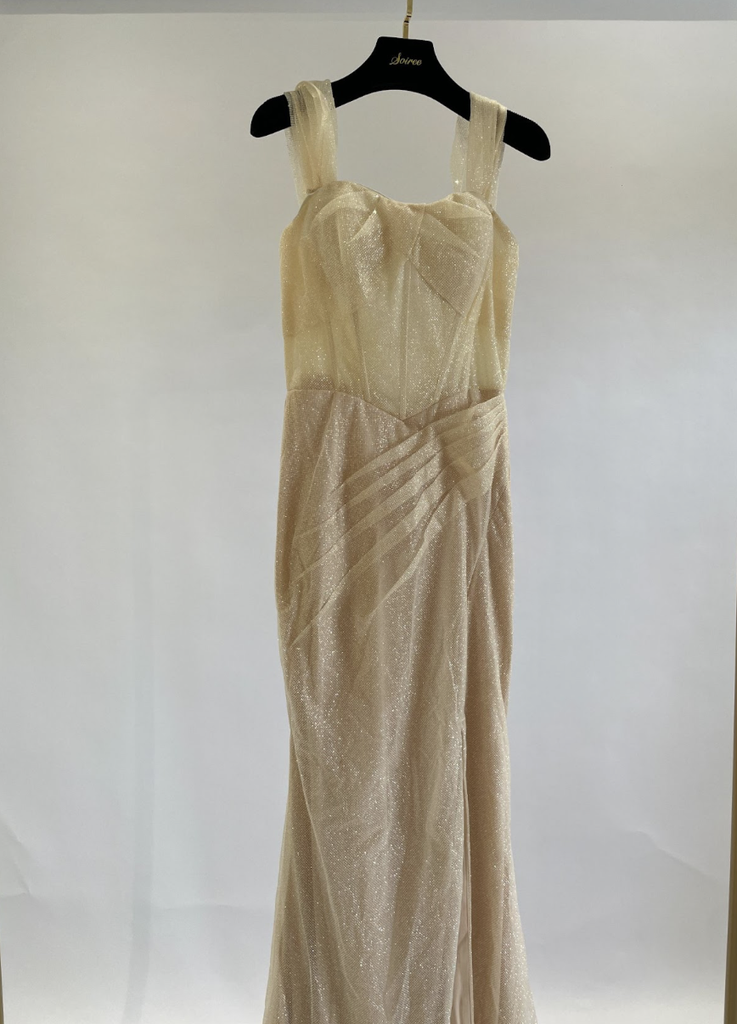 _Glitter Off Shoulder Corset Slit Dress in Yellow