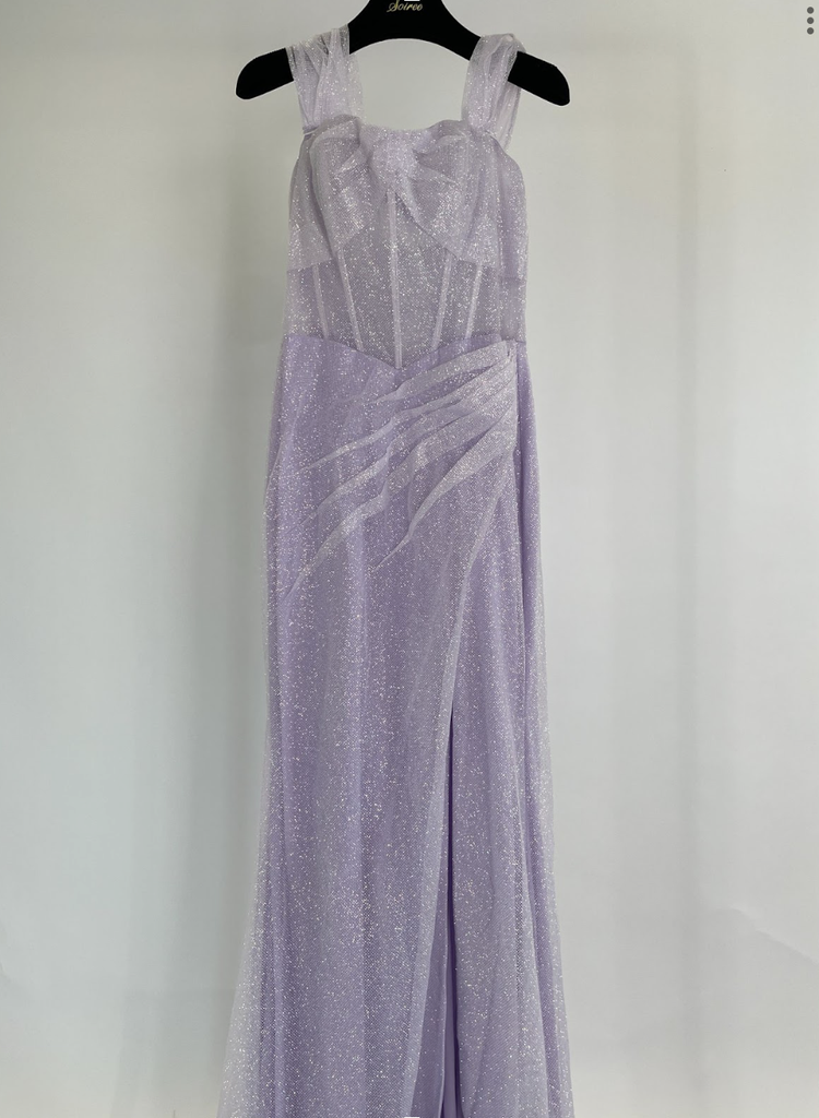 _Glitter Off Shoulder Corset Slit Dress in Lilac