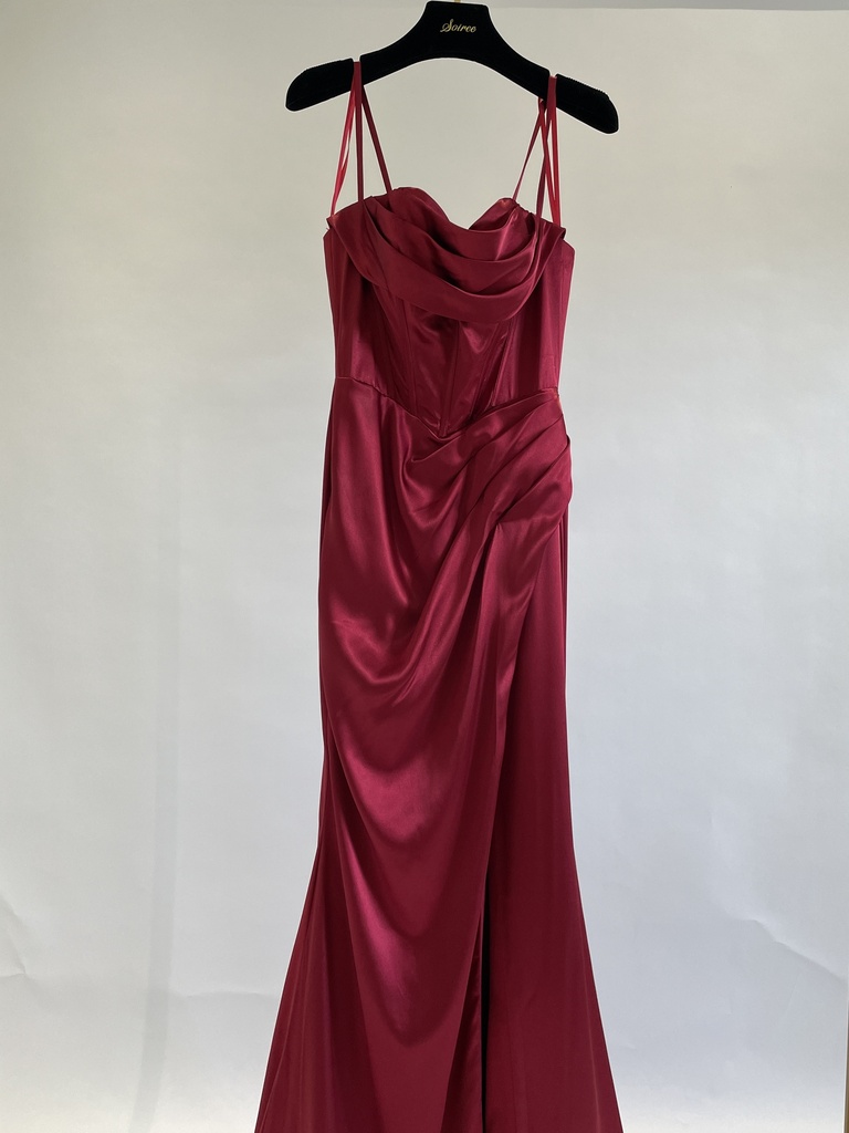 _Satin Strap Corset Slit Dress in Red