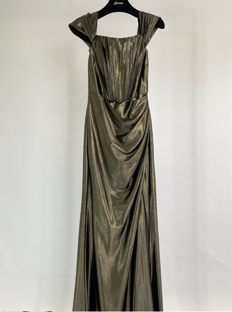 _Satin Off Shoulder Fishbone Corset Dress in Gold Black