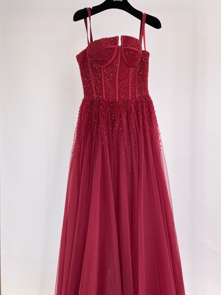 _Beaded Bustier Midi Dress in Red