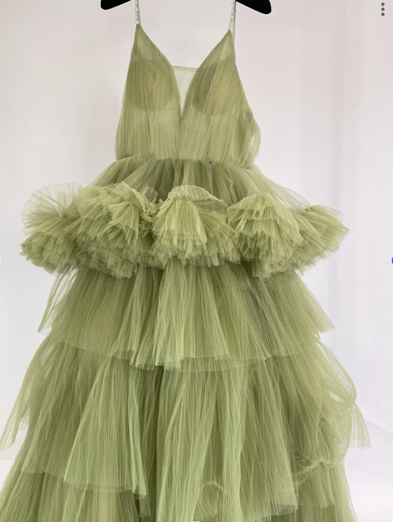 _V Neck Strap Tulle Dress in Green