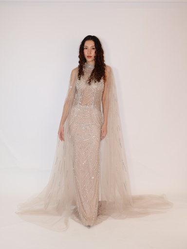 _Halter Neck Beaded Dress With Cape Sleeve