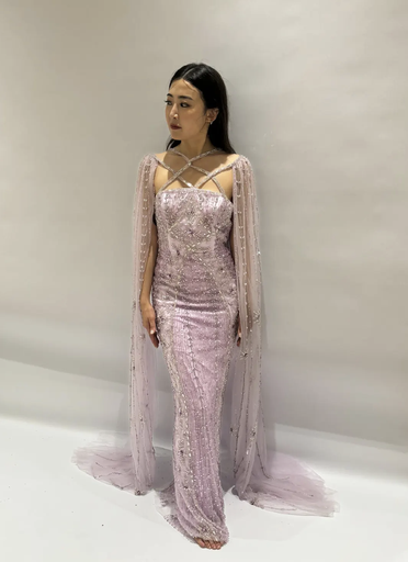_Beaded Dress With Cape Sleeve