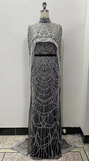 _Beaded Dress With High Neck Cape in Black