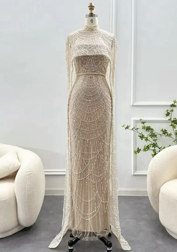 _Beaded Dress With High Neck Cape in Nude