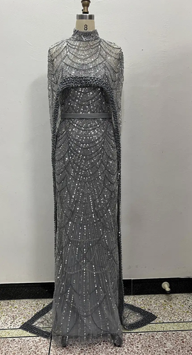 _Beaded Dress With High Neck Cape in Grey