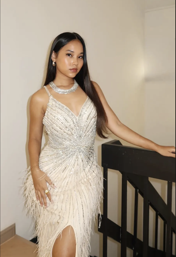 _Beaded V Neck Feather Dress in Nude