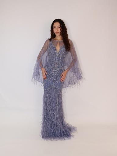 _Beaded V Neck Fishtail Dress With Detachable Cape in Purple