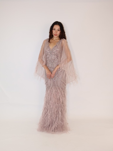 _Beaded V Neck Fishtail Dress With Detachable Cape in Pink