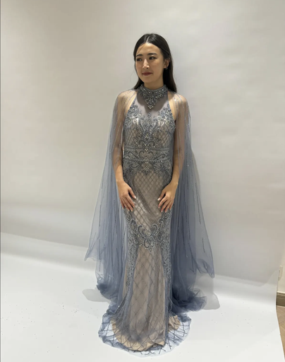 _Beaded Halter Dress With Cape Sleeve in Blue