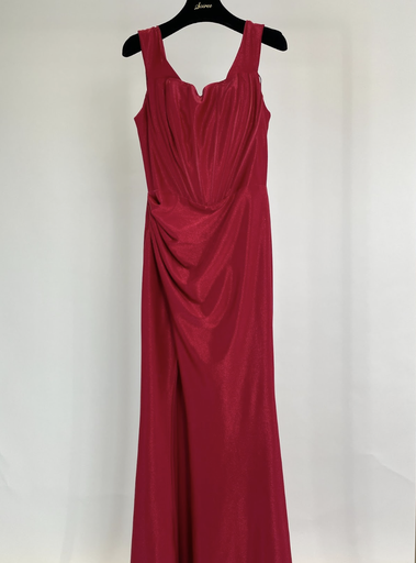 _Velvet Off Shoulder Slit Dress in Red