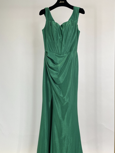 _Velvet Off Shoulder Slit Dress in Green