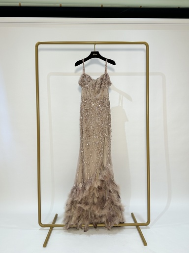 _Off Shoulder Feather Slit Dress in Brown