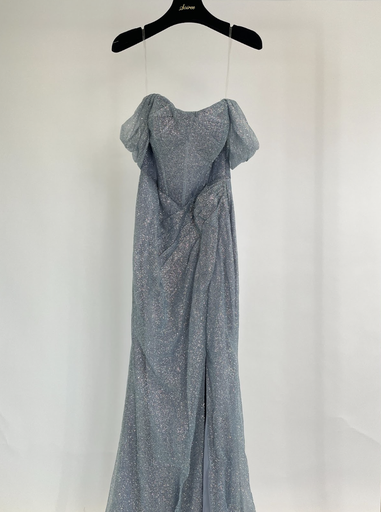 _Glitter Off Shoulder Corset Slit Dress in Blue