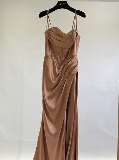 _Satin Strap Corset Slit Dress in Brown