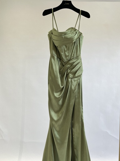 _Satin Strap Corset Slit Dress in Olive