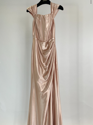 _Satin Off Shoulder Fishbone Corset Dress in Peach