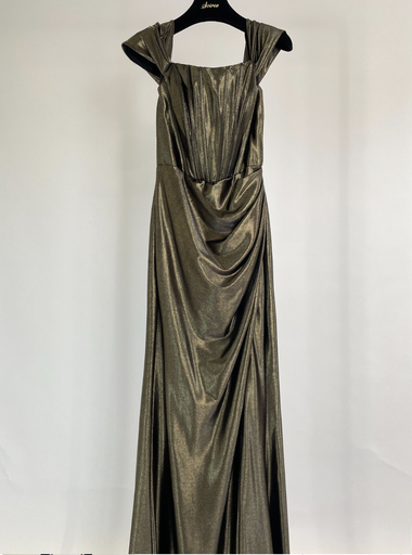 _Satin Off Shoulder Fishbone Corset Dress in Gold Black