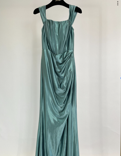_Satin Off Shoulder Fishbone Corset Dress in Turquoise