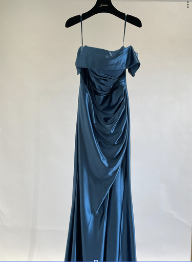 _Satin Off Shoulder Slit Dress in Blue