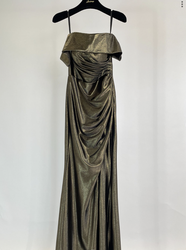 _Satin Off Shoulder Slit Dress in Gold Black