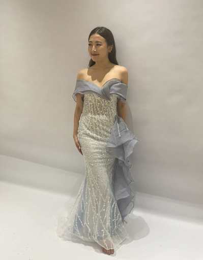 _Off Shoulder Beaded Fishtail Slit Dress