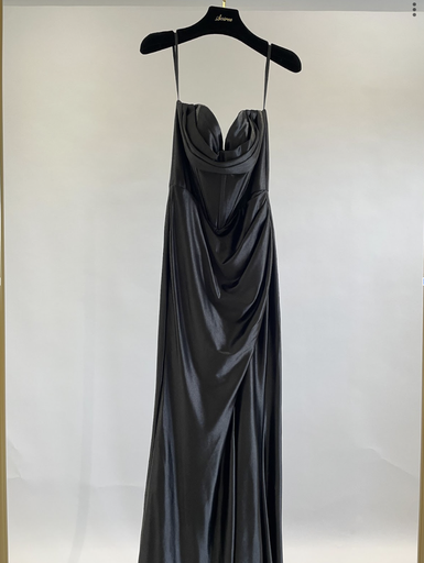 _Satin Strap Corset Slit Dress in Black