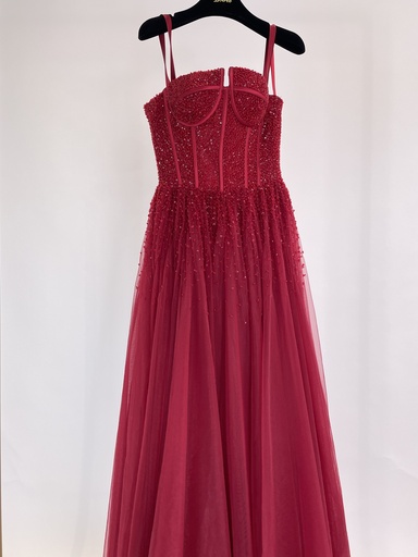 _Beaded Bustier Midi Dress in Red