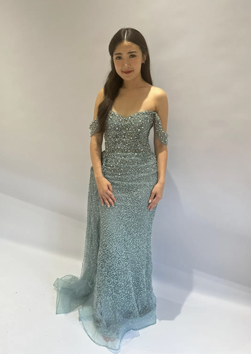 _Beaded Off Shoulder Dress in Turquoise