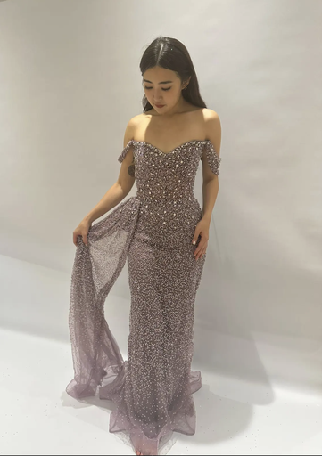 _Beaded Off Shoulder Dress in Lilac