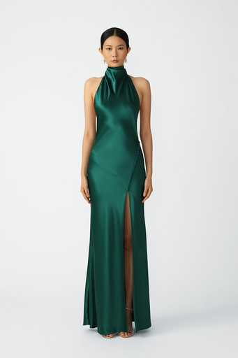 SAU LEE PENELOPE BACKLESS SATIN GOWN in Emerald