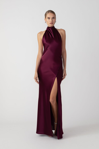 SAU LEE PENELOPE BACKLESS SATIN GOWN in Burgundy